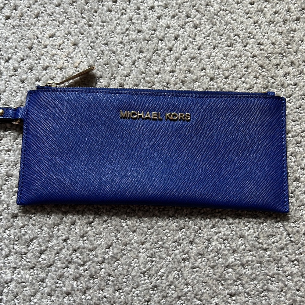 Blue Michael Kors Saffiano Leather Wristlet
